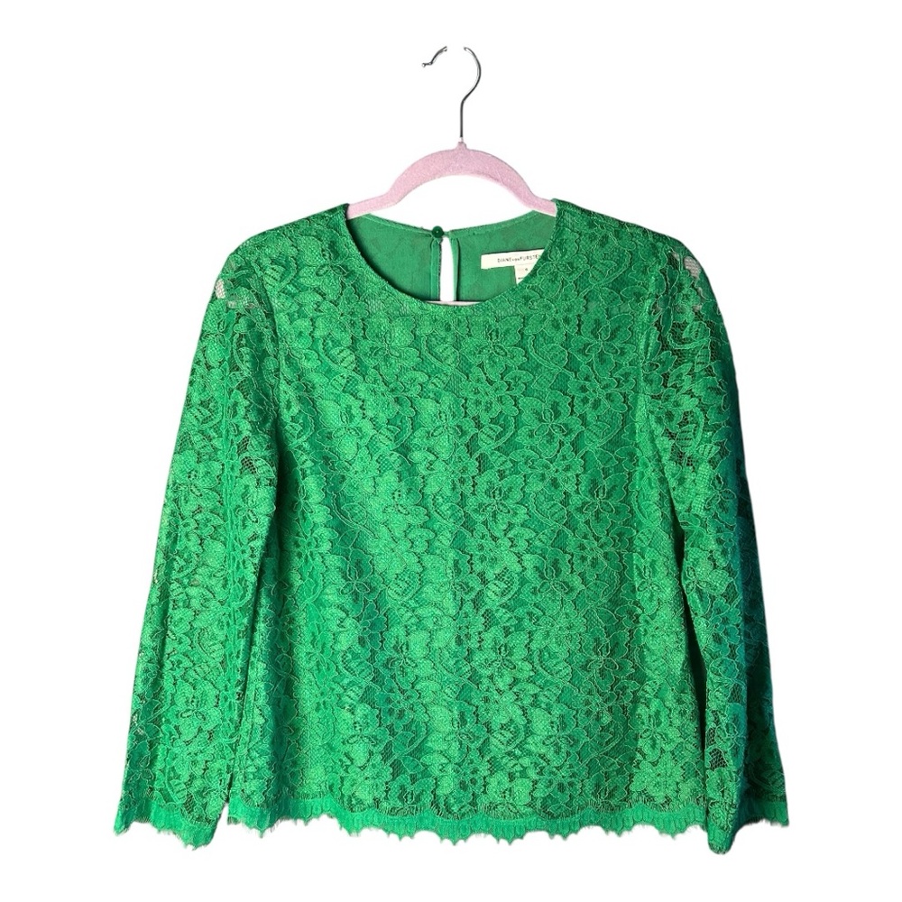 Diane von Furstenberg Green Lace Women’s Size 6 Long Sleeve Floral Lace Blouse - Picture 8 of 9
